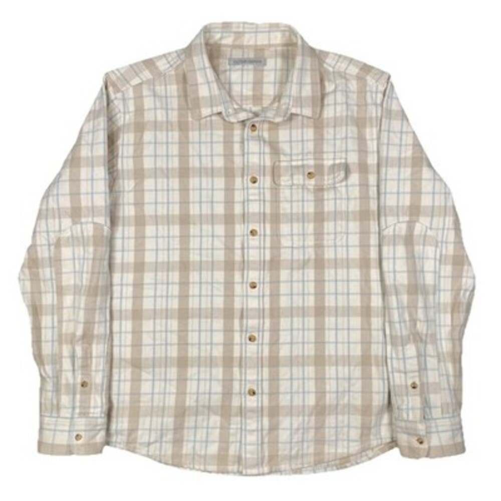 Outerknown Mens Shirt XL Tan Plaid Organic Cotton Elbow Patch Flannel Button